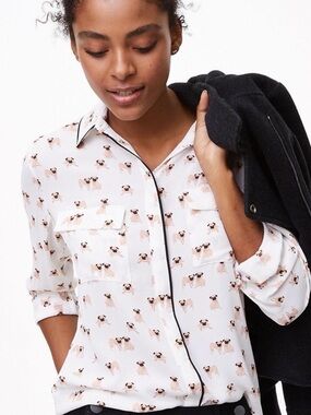 Loft Pug Dog Blouse Size M Sheer Button Down Animal Lover Playful Fun Whimsical